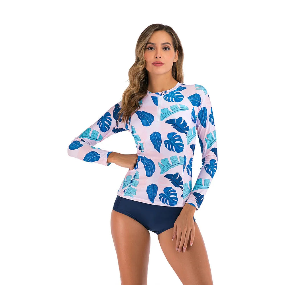 Long Sleeve Rash Guard Women Print Two Piece Swimsuit Zipper Swimwear Plus Size Bathing Suit Surfing Suit - The Clothing Company Sydney