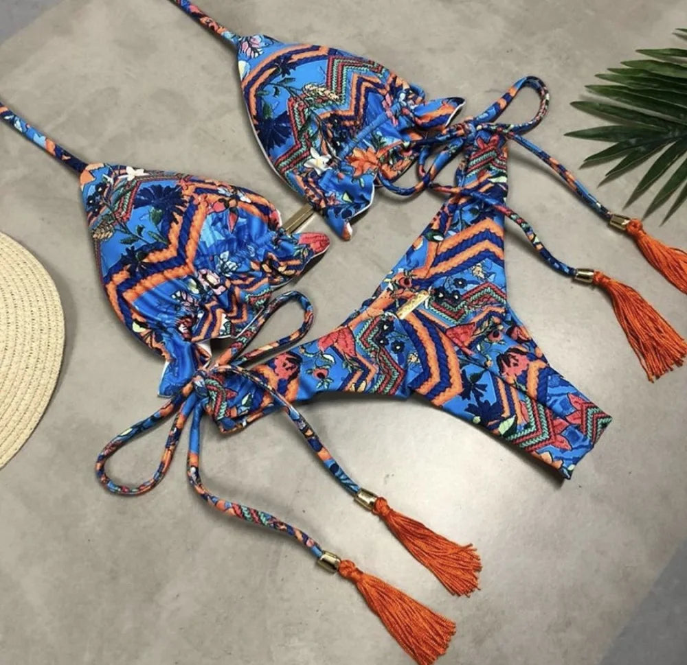 2 Piece Micro Swimsuit Women Feather Print Swimwear Female Bathing Suit Bikini Set The Clothing Company Sydney