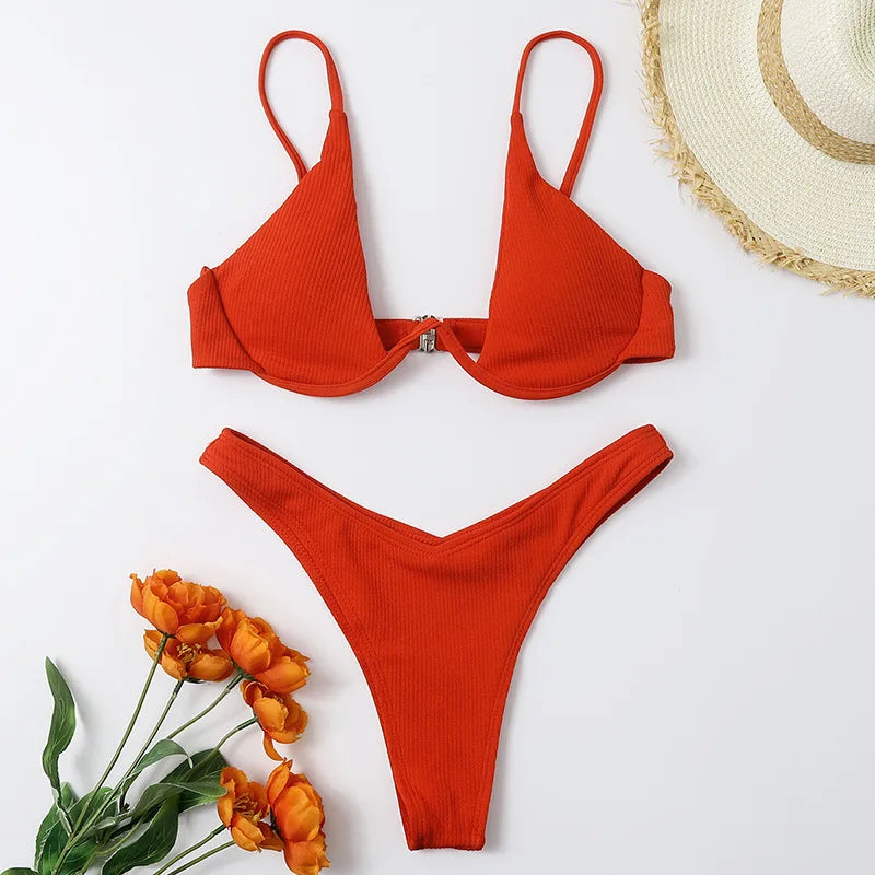 2 Piece Underwire Bikini Women Solid Red Push Up Bra Thong Swimsuit Haler V Neck Bathing Suit Mini Micro Thong Swimwear The Clothing Company Sydney