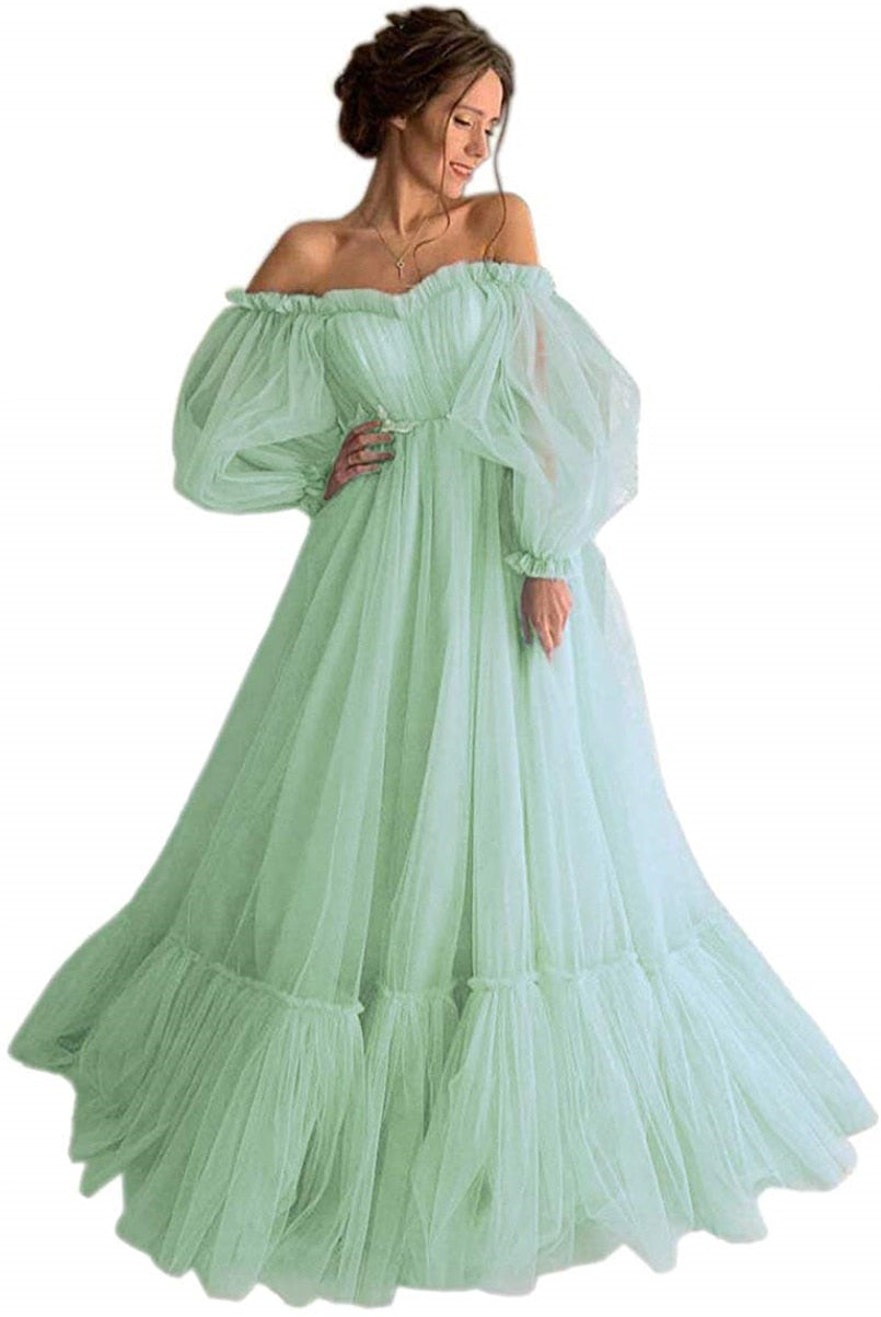 Blue Prom Dresses Long Sleeve Off the Shoulder Princess Dress Tulle Lace-up Formal Evening Party Dresses Plus Size The Clothing Company Sydney