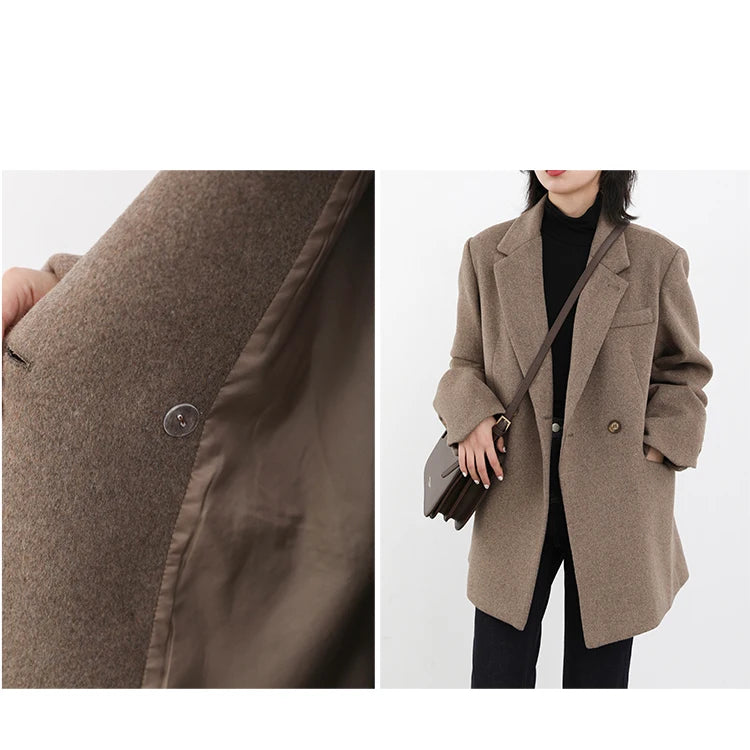 Women's Wool Blend Coat Solid Mid Long Woollen Blazer Thick Warm Blouse Overcoat Office Autumn Winter Jacket - The Clothing Company Sydney