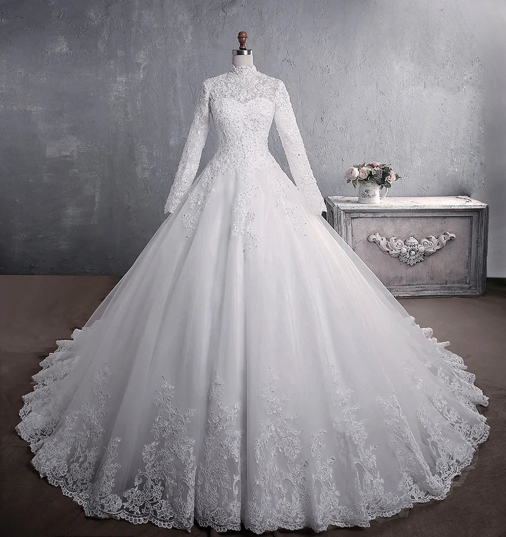 Elegant High Neck With Train Princess Bride Dress Luxury Lace Embroidery Wedding Gown Wedding Dress - The Clothing Company Sydney