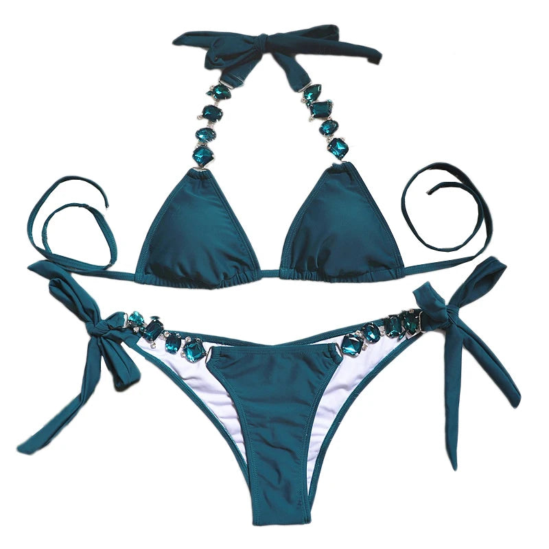 2 Piece Rhinestone Swimwear Thong String Bikini Set Summer Bathing Suit Beach Wear Swimsuit - The Clothing Company Sydney