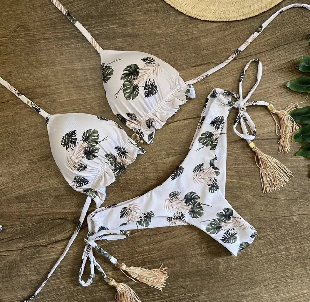 2 Piece Micro Swimsuit Women Feather Print Swimwear Female Bathing Suit Bikini Set The Clothing Company Sydney