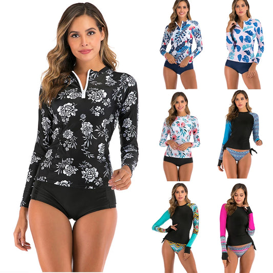 Long Sleeve Rash Guard Women Print Two Piece Swimsuit Zipper Swimwear Plus Size Bathing Suit Surfing Suit - The Clothing Company Sydney