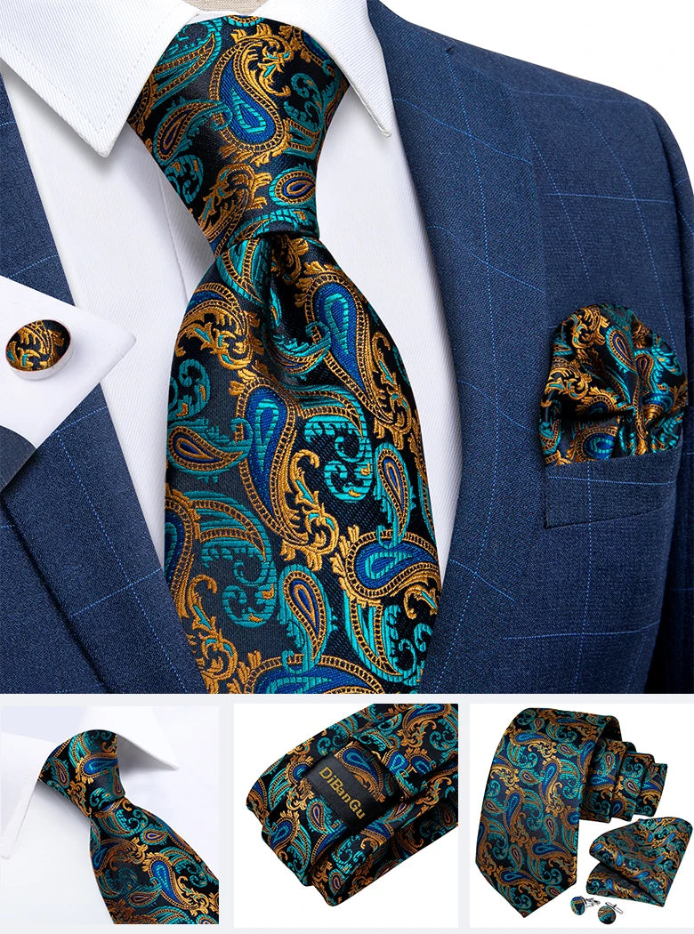 Fashion Men's Tie Luxury Gold Blue Black Striped Paisley Silk Wedding Tie For Men Designer Hanky Cufflinks Gift Tie Set - The Clothing Company Sydney
