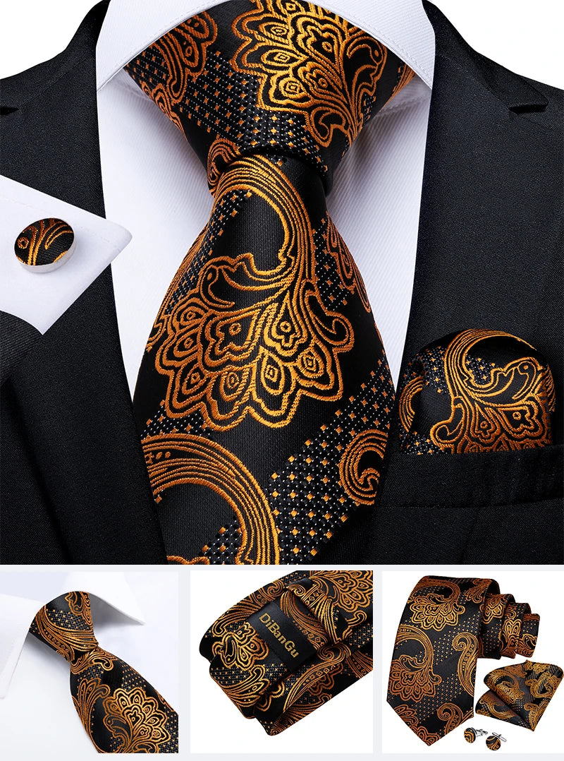 Fashion Men's Tie Luxury Gold Blue Black Striped Paisley Silk Wedding Tie For Men Designer Hanky Cufflinks Gift Tie Set - The Clothing Company Sydney