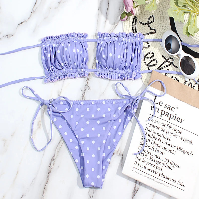 2 Piece Pleated Bandeau Swimsuit Low Waist Swimwear Beach Wear Mini Thong Bikini Set Bathing Suit - The Clothing Company Sydney