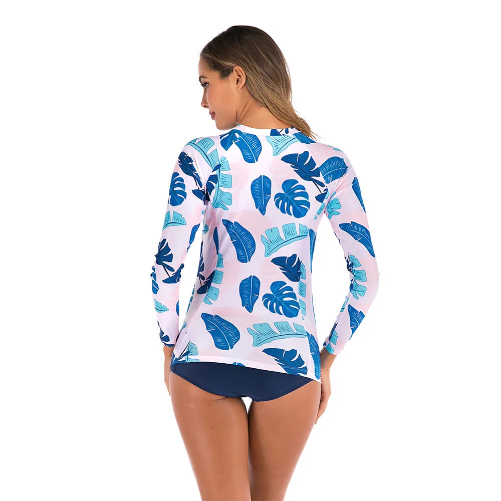 Long Sleeve Rash Guard Women Print Two Piece Swimsuit Zipper Swimwear Plus Size Bathing Suit Surfing Suit - The Clothing Company Sydney