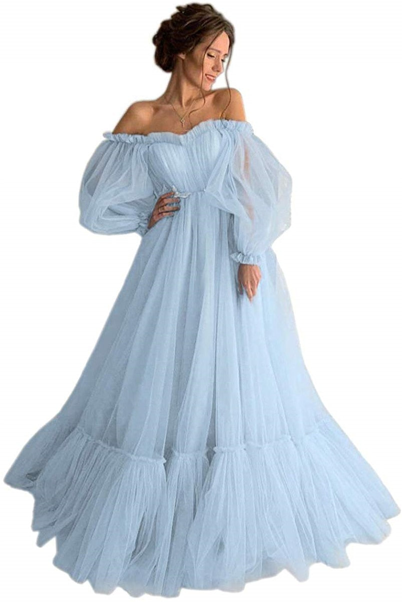 Blue Prom Dresses Long Sleeve Off the Shoulder Princess Dress Tulle Lace-up Formal Evening Party Dresses Plus Size The Clothing Company Sydney