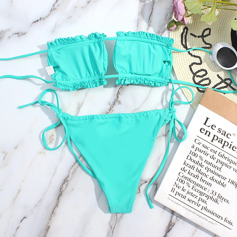 2 Piece Pleated Bandeau Swimsuit Low Waist Swimwear Beach Wear Mini Thong Bikini Set Bathing Suit - The Clothing Company Sydney