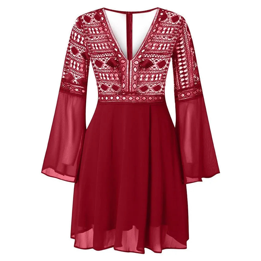 Hollow Out White Women's Mini Chiffon Semi-Sheer Plunge V-Neck Long Sleeve Crochet Lace Dress - The Clothing Company Sydney