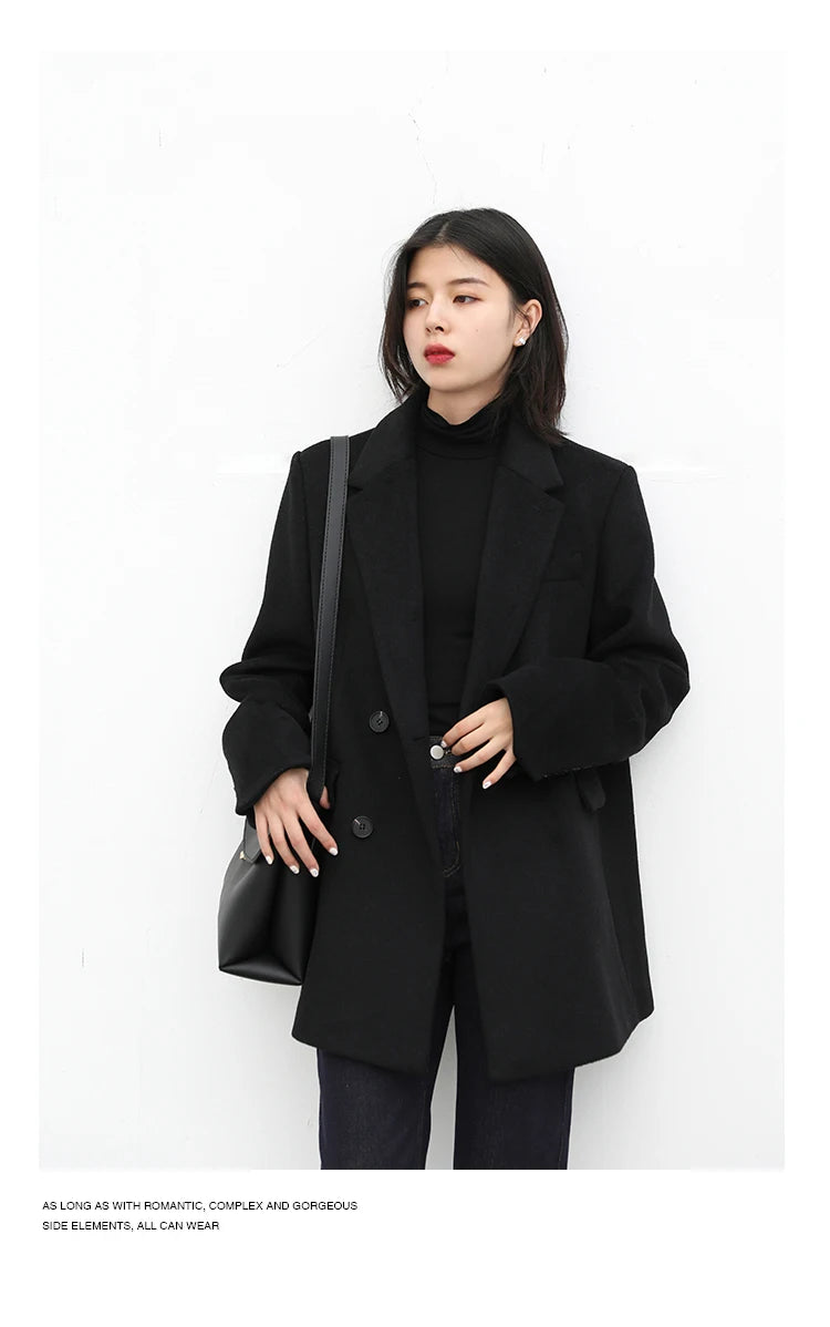 Women's Wool Blend Coat Solid Mid Long Woollen Blazer Thick Warm Blouse Overcoat Office Autumn Winter Jacket - The Clothing Company Sydney