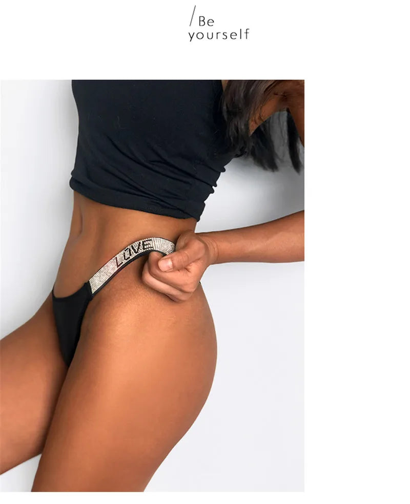 Love Letter Print Rhinestone Panties Women Pink Briefs Low Waist Underwear Ladies Thongs Lingerie Panty Lingerie - The Clothing Company Sydney