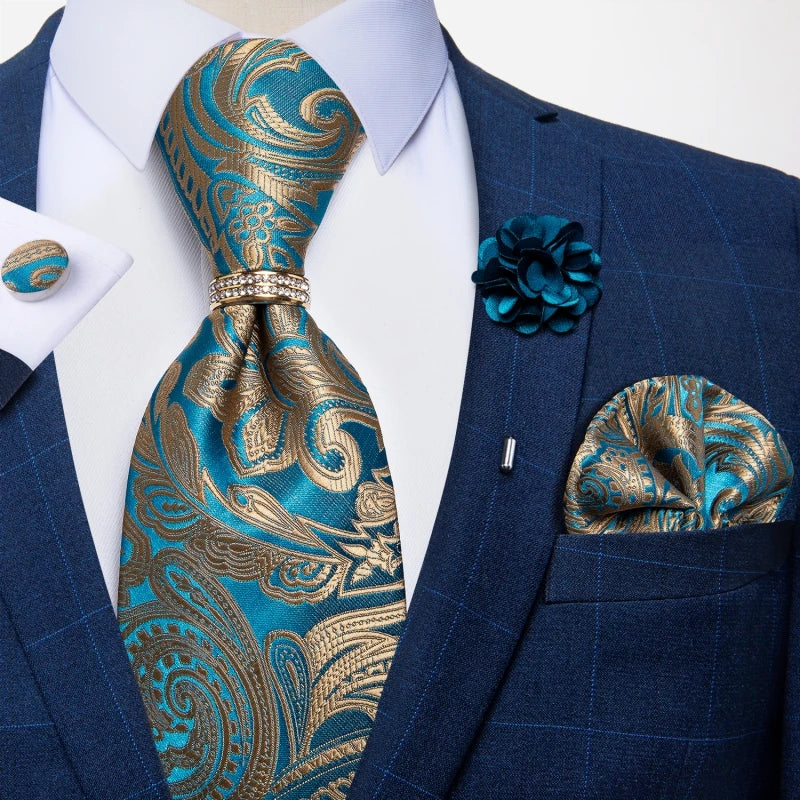 5 Piece Designer Blue Red Paisley Ties Wedding Party Neck Tie Luxury Tie Ring Brooch Silk Tie Set Gift For Men - The Clothing Company Sydney
