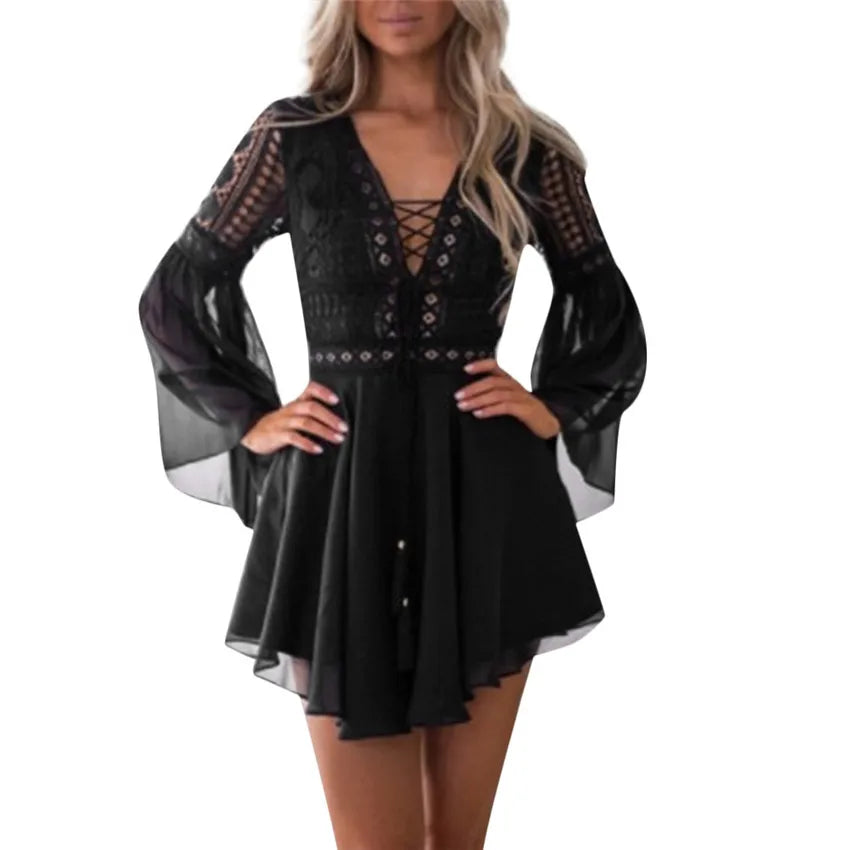Hollow Out White Women's Mini Chiffon Semi-Sheer Plunge V-Neck Long Sleeve Crochet Lace Dress - The Clothing Company Sydney