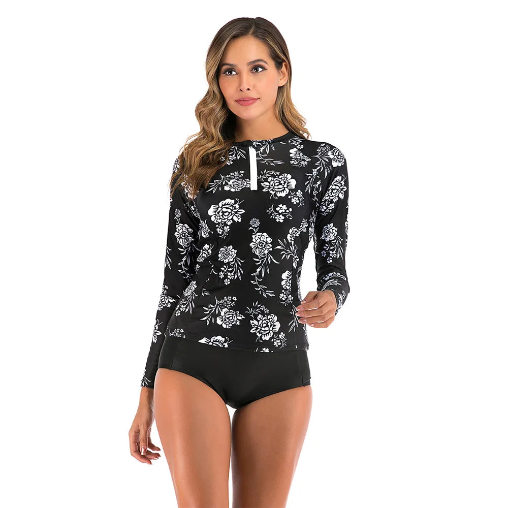 Long Sleeve Rash Guard Women Print Two Piece Swimsuit Zipper Swimwear Plus Size Bathing Suit Surfing Suit - The Clothing Company Sydney