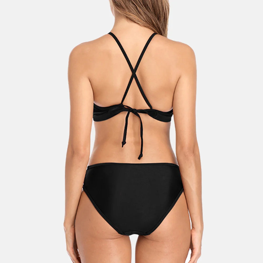Women High Neck Bikini Set Solid Color Swimsuit Hollow Out Bandage Swimwear Push Up Beachwear - The Clothing Company Sydney
