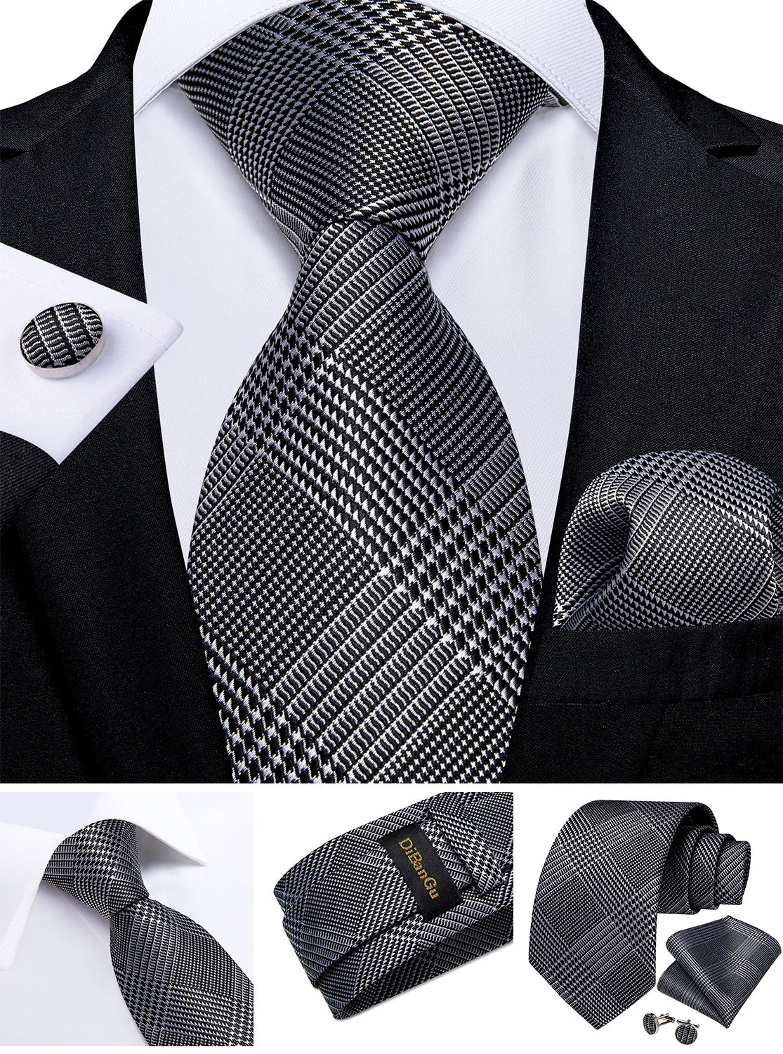 Fashion Men's Tie Luxury Gold Blue Black Striped Paisley Silk Wedding Tie For Men Designer Hanky Cufflinks Gift Tie Set - The Clothing Company Sydney