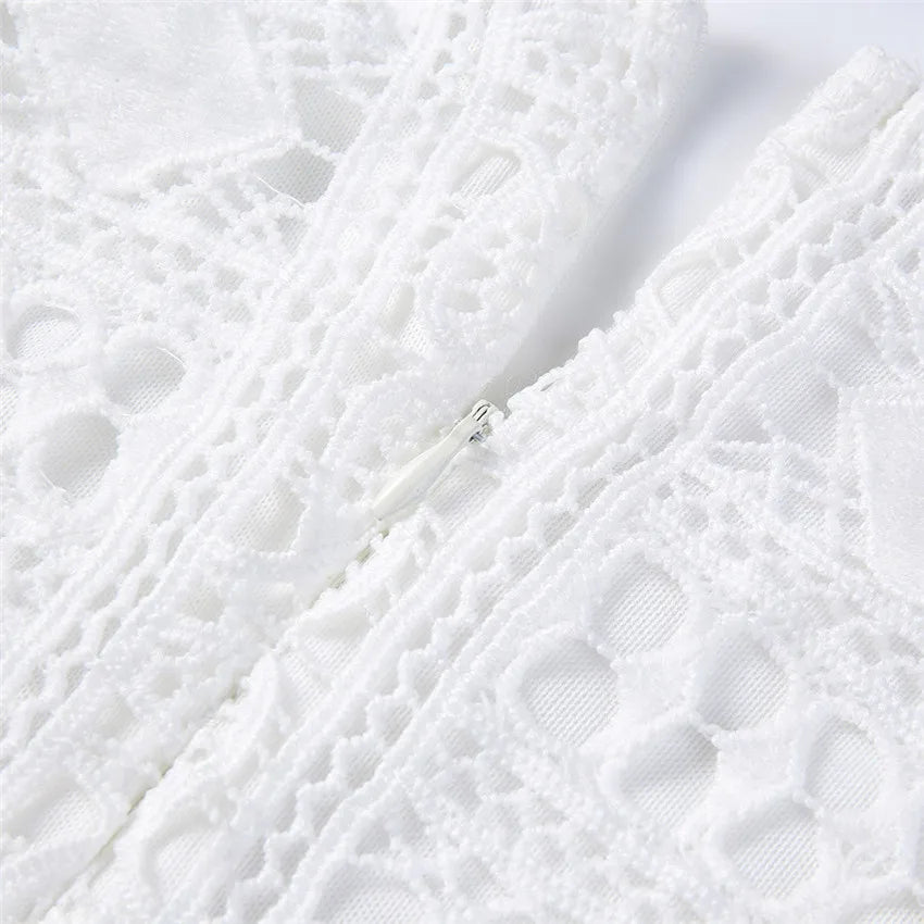 Hollow Out White Women's Mini Chiffon Semi-Sheer Plunge V-Neck Long Sleeve Crochet Lace Dress - The Clothing Company Sydney