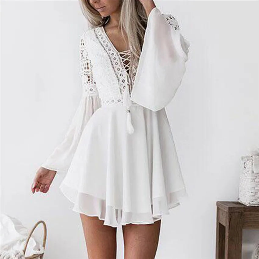 Hollow Out White Women's Mini Chiffon Semi-Sheer Plunge V-Neck Long Sleeve Crochet Lace Dress - The Clothing Company Sydney