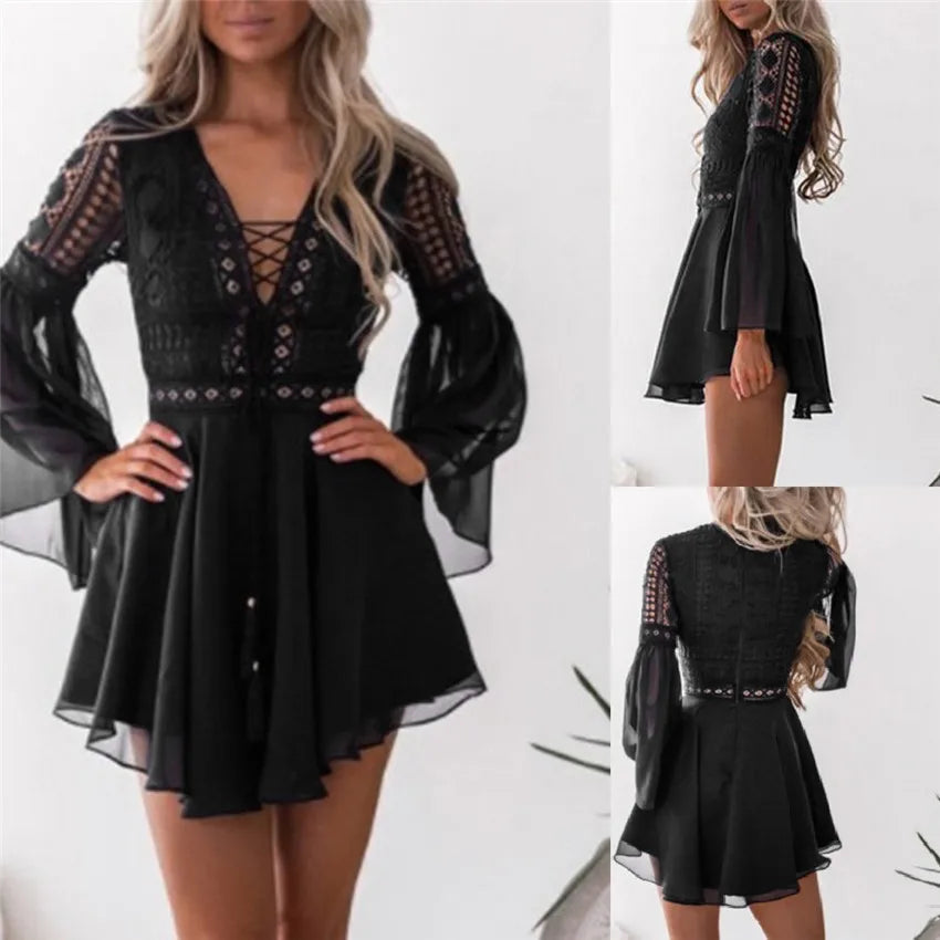 Hollow Out White Women's Mini Chiffon Semi-Sheer Plunge V-Neck Long Sleeve Crochet Lace Dress - The Clothing Company Sydney