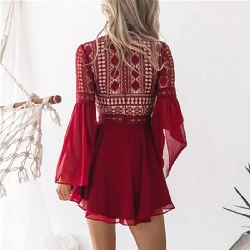 Hollow Out White Women's Mini Chiffon Semi-Sheer Plunge V-Neck Long Sleeve Crochet Lace Dress - The Clothing Company Sydney