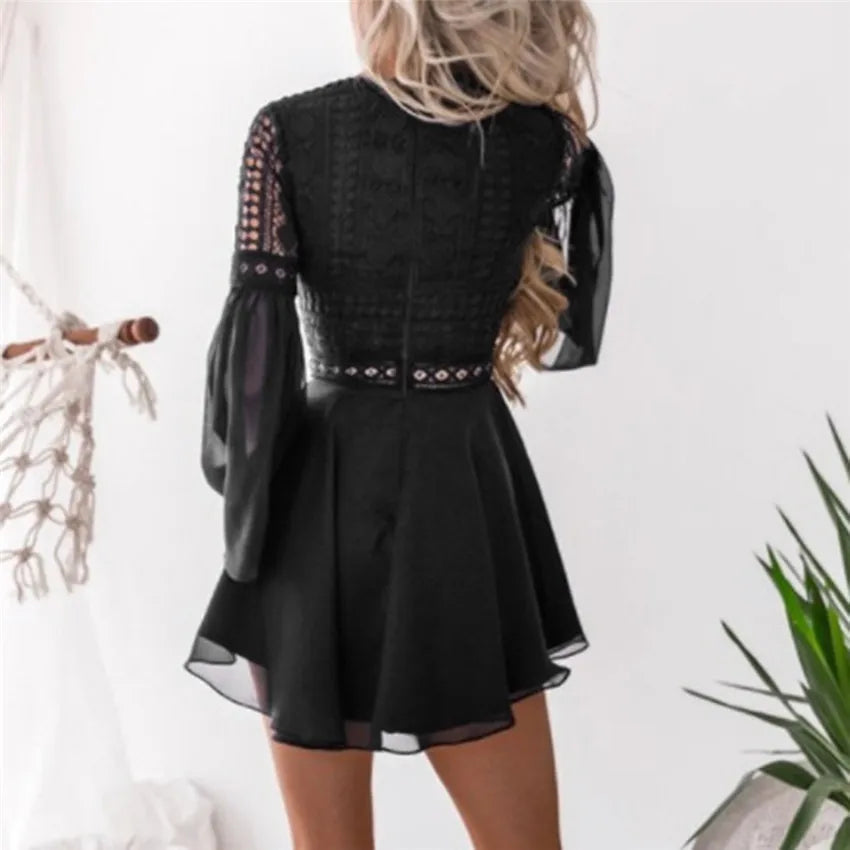 Hollow Out White Women's Mini Chiffon Semi-Sheer Plunge V-Neck Long Sleeve Crochet Lace Dress - The Clothing Company Sydney