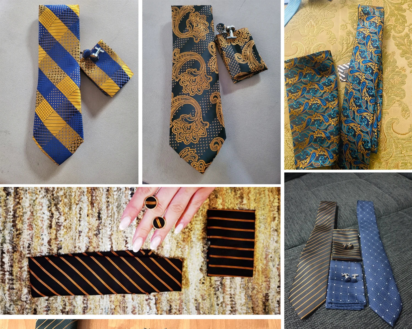 Fashion Men's Tie Luxury Gold Blue Black Striped Paisley Silk Wedding Tie For Men Designer Hanky Cufflinks Gift Tie Set - The Clothing Company Sydney