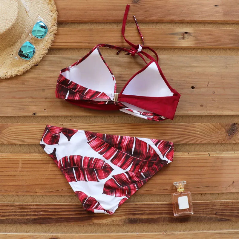 2 Piece Push Up Swimwear Women Swimsuits Bathing Suit Halter Leaf Print Beach Wear Bikini Set The Clothing Company Sydney