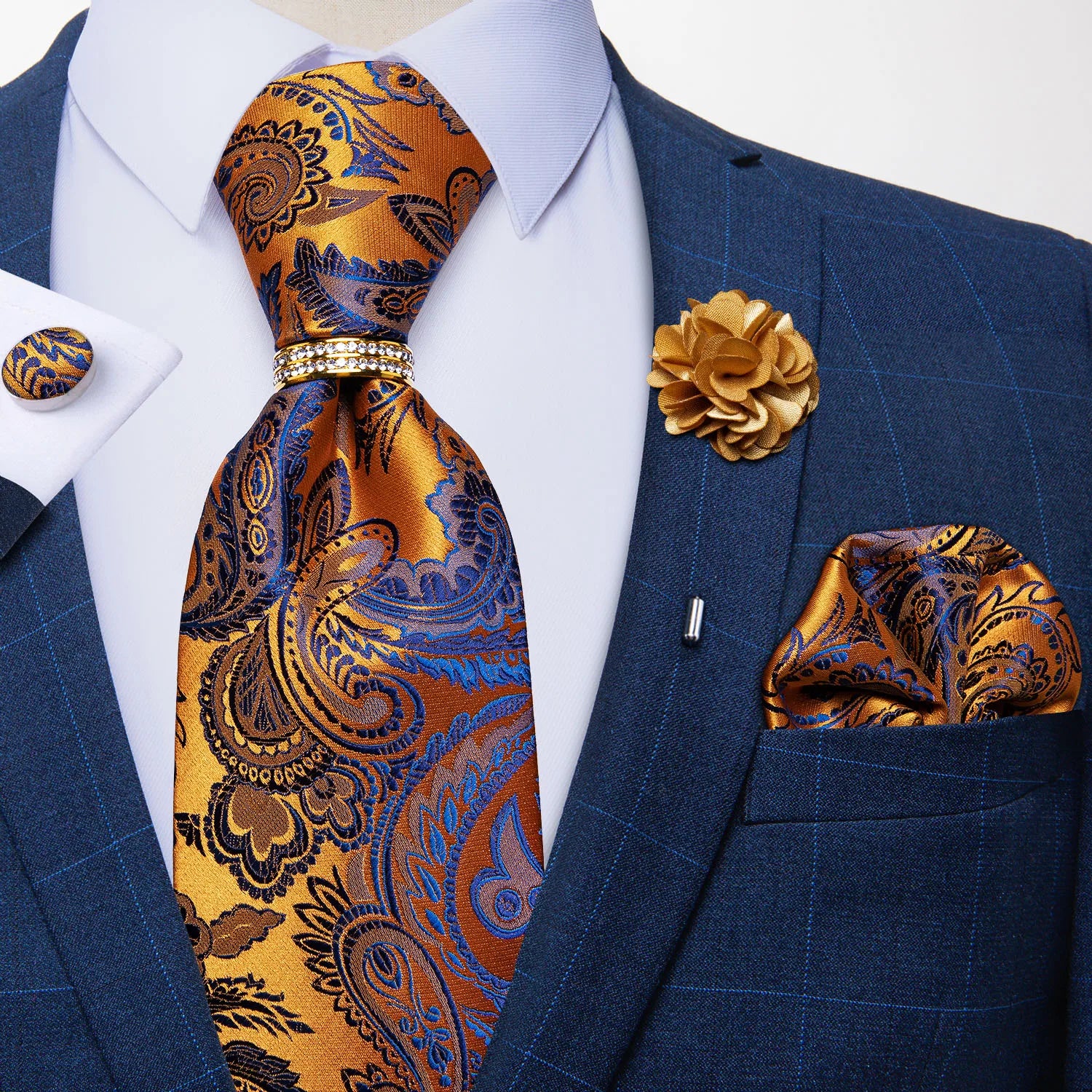 5 Piece Designer Blue Red Paisley Ties Wedding Party Neck Tie Luxury Tie Ring Brooch Silk Tie Set Gift For Men - The Clothing Company Sydney