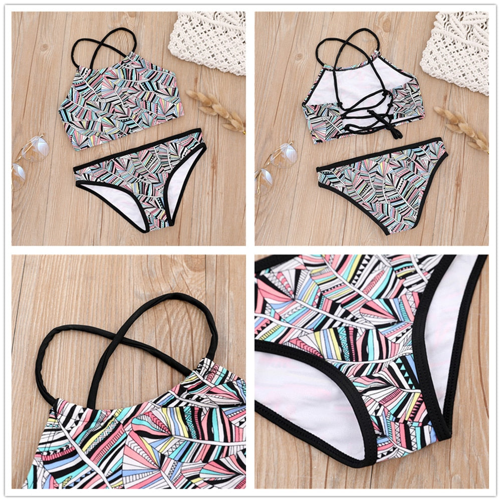 2 Piece Kids Swimwear Swimsuit Print Girls Kid Bikini Set 5-14 Years Children Bandage Swimming Suit Beachwear The Clothing Company Sydney