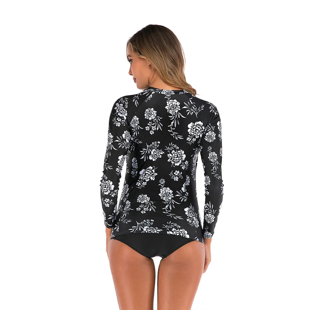 Long Sleeve Rash Guard Women Print Two Piece Swimsuit Zipper Swimwear Plus Size Bathing Suit Surfing Suit - The Clothing Company Sydney