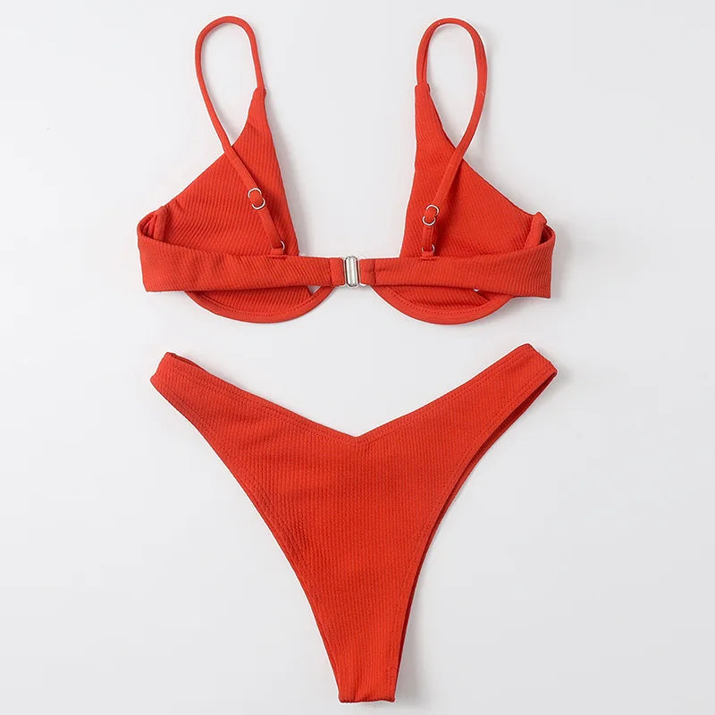 2 Piece Underwire Bikini Women Solid Red Push Up Bra Thong Swimsuit Haler V Neck Bathing Suit Mini Micro Thong Swimwear The Clothing Company Sydney