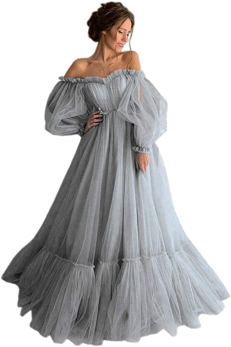 Blue Prom Dresses Long Sleeve Off the Shoulder Princess Dress Tulle Lace-up Formal Evening Party Dresses Plus Size The Clothing Company Sydney