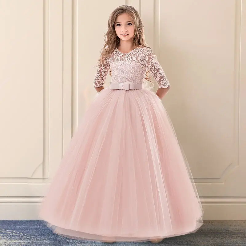 Lace Princess Dress for Girls Long Sleeve Wedding Party Gown Birthday Children Tulle Dress Teenage Formal Long Dress - The Clothing Company Sydney