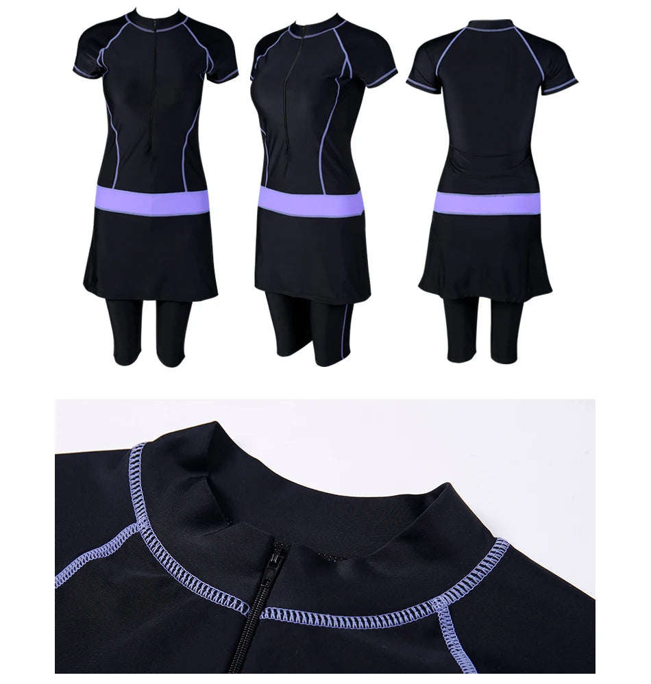 Two Piece Skirt Swimsuit For Women Sports Surf Suit Tankini Long Pants Bathing suit With Zipper Sleeve Swimwear - The Clothing Company Sydney