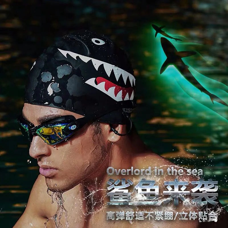 Men's Swimming Cap Adult Elastic Shark Swimming Caps Waterproof Protect Ears Long Hair Soft Women Bathing Cap - The Clothing Company Sydney