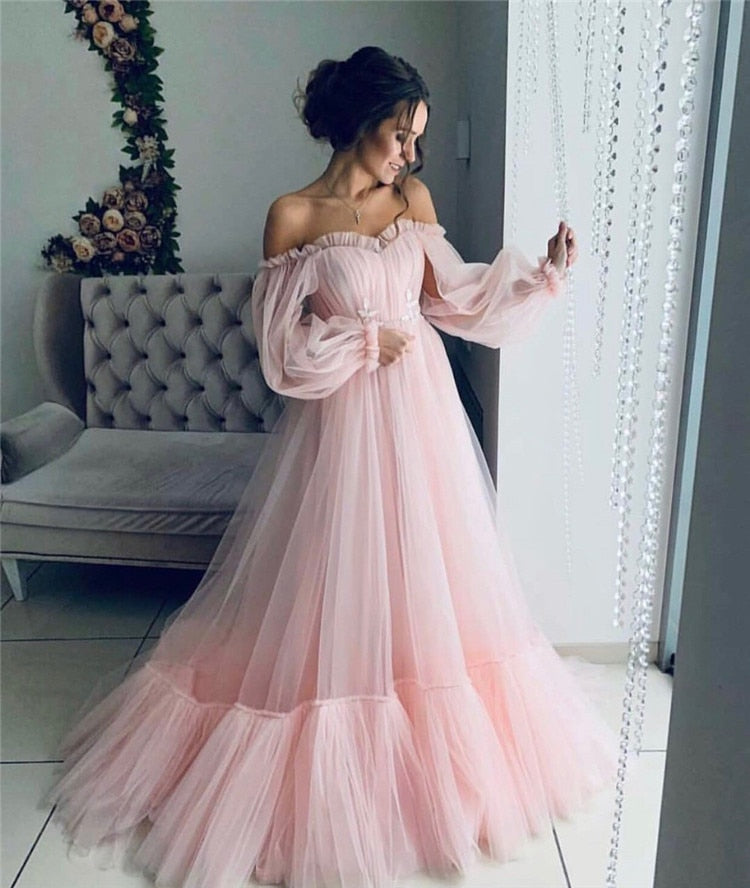 Blue Prom Dresses Long Sleeve Off the Shoulder Princess Dress Tulle Lace-up Formal Evening Party Dresses Plus Size The Clothing Company Sydney