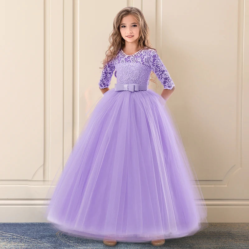 Lace Princess Dress for Girls Long Sleeve Wedding Party Gown Birthday Children Tulle Dress Teenage Formal Long Dress - The Clothing Company Sydney