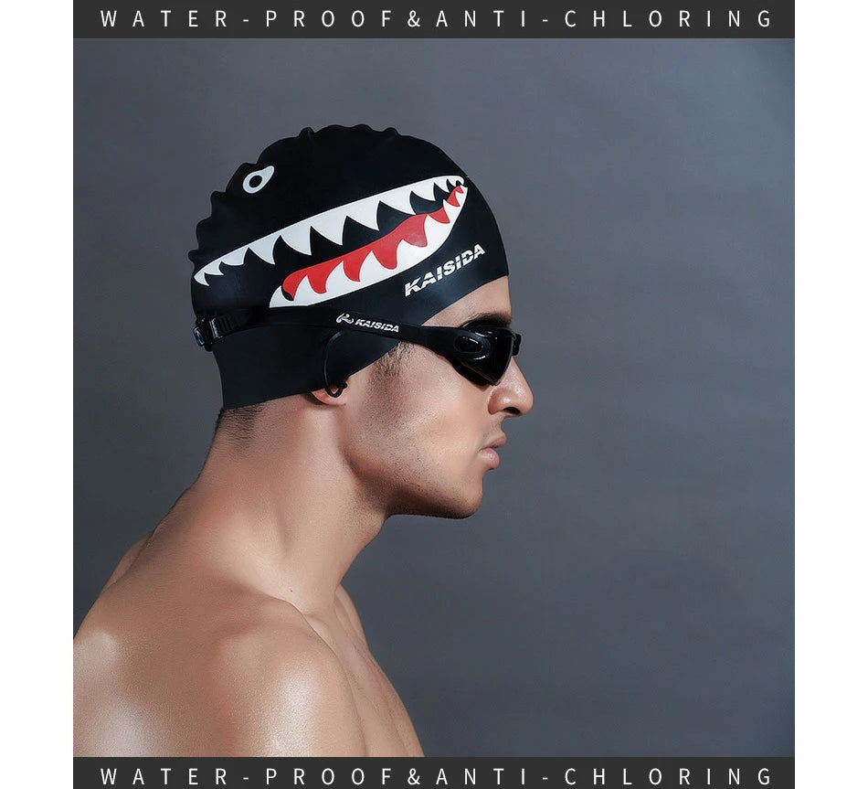 Men's Swimming Cap Adult Elastic Shark Swimming Caps Waterproof Protect Ears Long Hair Soft Women Bathing Cap - The Clothing Company Sydney