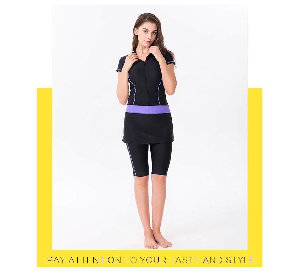 Two Piece Skirt Swimsuit For Women Sports Surf Suit Tankini Long Pants Bathing suit With Zipper Sleeve Swimwear - The Clothing Company Sydney