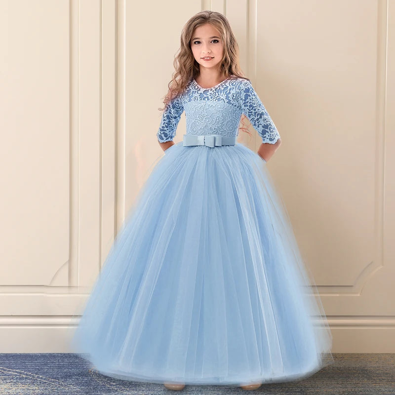 Lace Princess Dress for Girls Long Sleeve Wedding Party Gown Birthday Children Tulle Dress Teenage Formal Long Dress - The Clothing Company Sydney