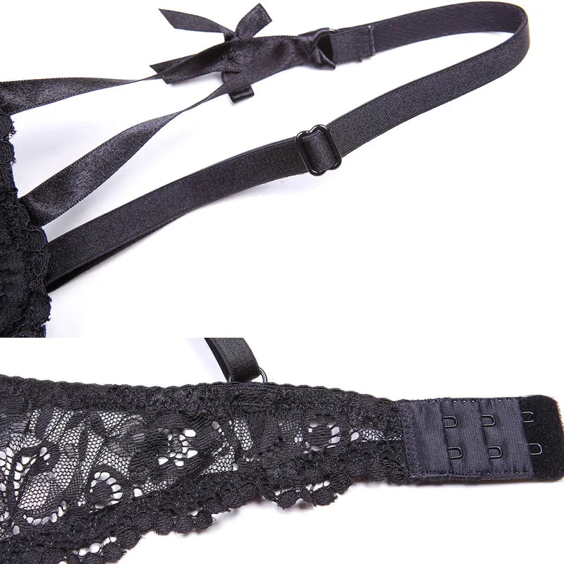 4 Piece Lace Push Up Underwear Set Half Cup Bra+Panties+Garter+Stockings - The Clothing Company Sydney