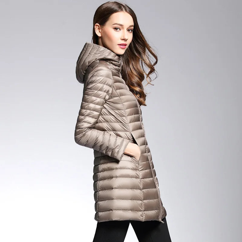 Women's Padded Hooded Long Jacket White Duck Down Overcoat Ultra Light Slim Solid Jackets Coat Portable Parkas - The Clothing Company Sydney
