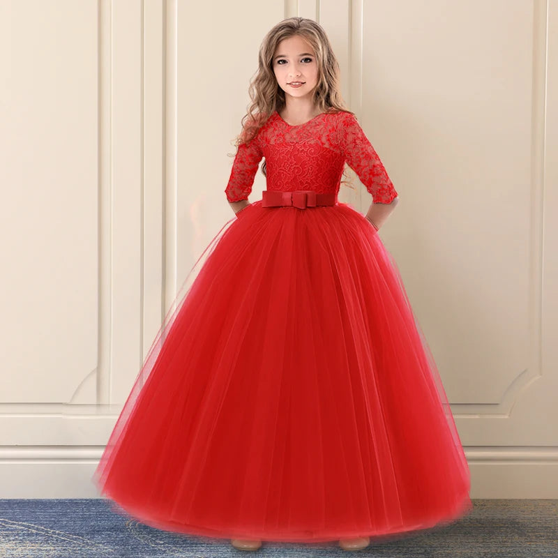 Lace Princess Dress for Girls Long Sleeve Wedding Party Gown Birthday Children Tulle Dress Teenage Formal Long Dress - The Clothing Company Sydney
