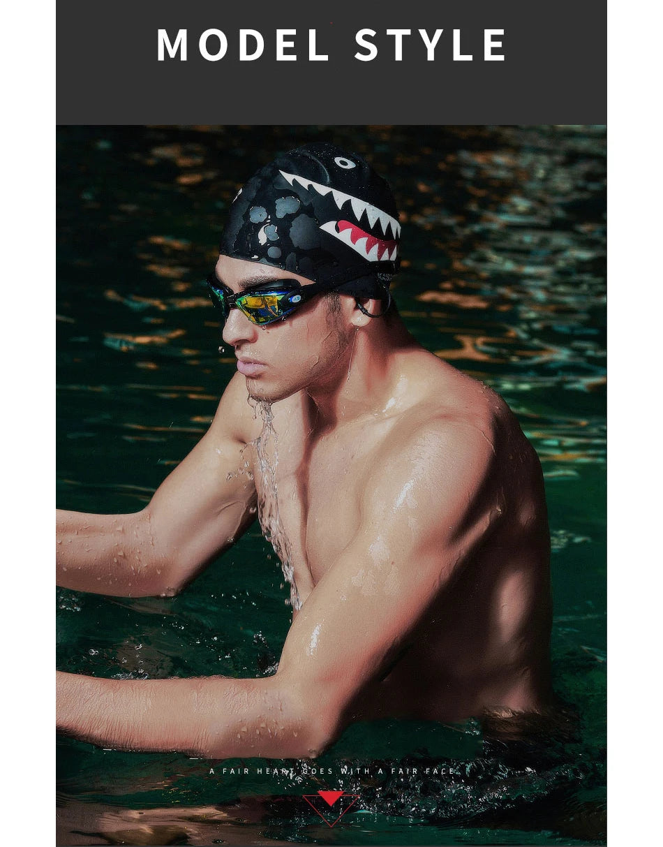 Men's Swimming Cap Adult Elastic Shark Swimming Caps Waterproof Protect Ears Long Hair Soft Women Bathing Cap - The Clothing Company Sydney