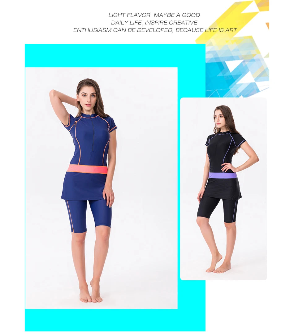 Two Piece Skirt Swimsuit For Women Sports Surf Suit Tankini Long Pants Bathing suit With Zipper Sleeve Swimwear - The Clothing Company Sydney