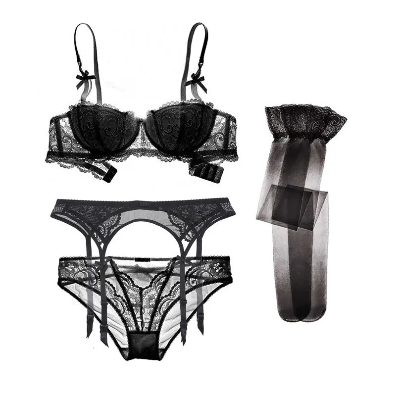 4 Piece Lace Push Up Underwear Set Half Cup Bra+Panties+Garter+Stockings - The Clothing Company Sydney