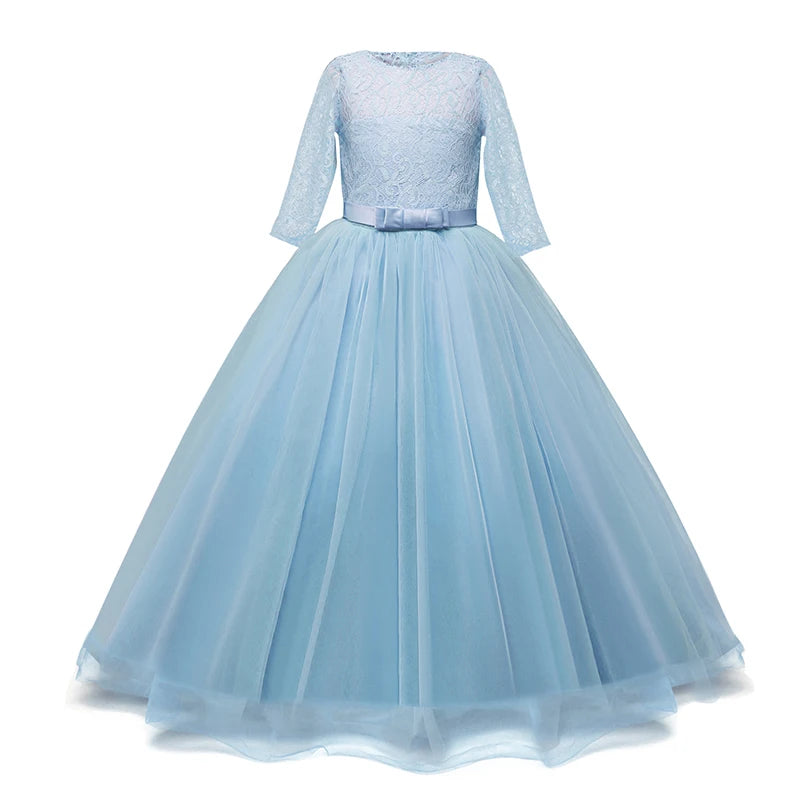 Lace Princess Dress for Girls Long Sleeve Wedding Party Gown Birthday Children Tulle Dress Teenage Formal Long Dress - The Clothing Company Sydney